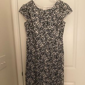 Size 12, black and white knee length dress with floral pattern
